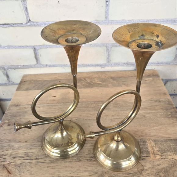 Vintage Brass Trumpet Candle Holders - Picture 2 of 7
